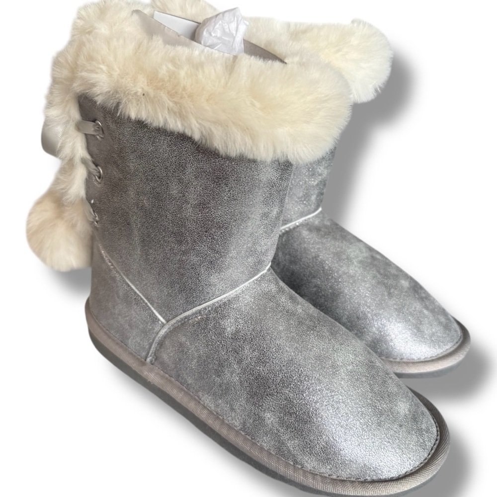 New Girl’s Metallic Silver Winter Fur Booties